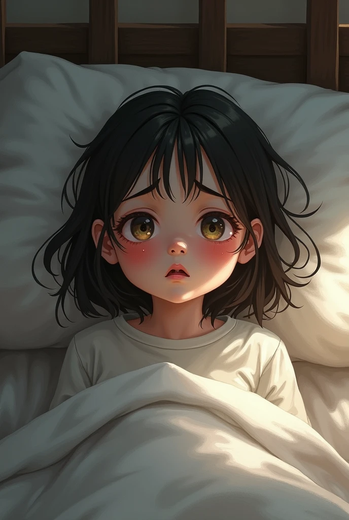 (obra-prima), (melhor qualidade), (ultra detalhado),(cabelo desgrenhado),(illustration), Uma menina de 5 anos de olhos verde esmeralda cabelos loiros cacheados de pijama na cama, ((1 Menina de cinco anos)), ((Arte infantil))