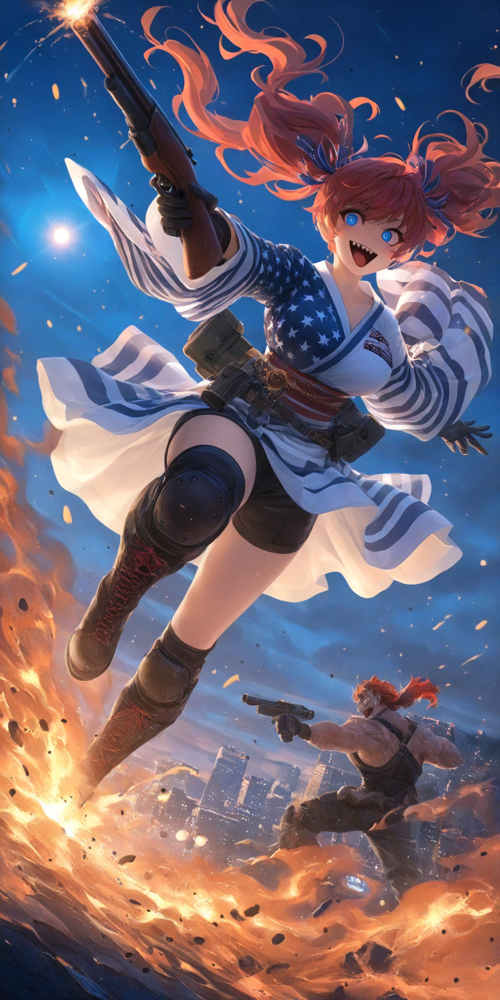 1girl\(american,(red hair),twin tails, frilled hair ribbon,tatoo,(Freckles),(Muscular), big blue eyes,beautiful eyes,big breast,wearing beautiful yukata\(american flag\(Stars and stripes\) design\),holding shotgun, shooting, Grenades exploding, gun belts, wavy hair long hair,floating hair, (scar on face),open mouth,smile, sharp teeth, tongue,dynamic action, dynamic angle, spiral mad eyes,gloves,knee pads,under armer\) at (kyoto japan), so many (zombie around), apocalips, dooms day,red black sun. BREAK .quality\(8k,wallpaper of extremely detailed CG unit, high resolution, top-quality, top-quality real texture skin, hyper realistic, increase the resolution, RAW photos, best quality, highly detailed, the wallpaper, golden ratio, high saturation realism, vibrant colors, dramatic lighting, persuasive storytelling, atmospheric scenery, captivating visuals, intricate details, strong emotions, dreamlike world\),dynamic angle,dutch angle,action movie,cityscape of kyoto