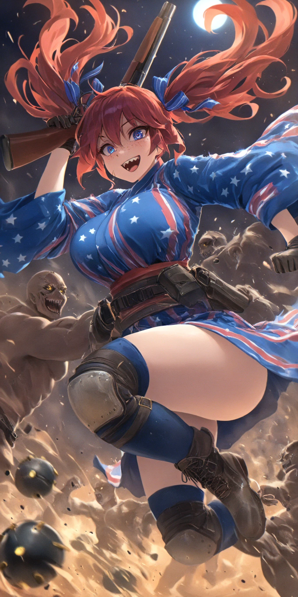 1girl\(american,(red hair),twin tails, frilled hair ribbon,tatoo,(Freckles),(Muscular), big blue eyes,beautiful eyes,big breast,wearing beautiful yukata\(american flag\(Stars and stripes\) design\),holding shotgun, shooting, Grenades exploding, gun belts, wavy hair long hair,floating hair, (scar on face),open mouth,smile, sharp teeth, tongue,dynamic action, dynamic angle, spiral mad eyes,gloves,knee pads,under armer\) at (kyoto japan), so many (zombie around), apocalips, dooms day,red black sun. BREAK .quality\(8k,wallpaper of extremely detailed CG unit, high resolution, top-quality, top-quality real texture skin, hyper realistic, increase the resolution, RAW photos, best quality, highly detailed, the wallpaper, golden ratio, high saturation realism, vibrant colors, dramatic lighting, persuasive storytelling, atmospheric scenery, captivating visuals, intricate details, strong emotions, dreamlike world\),dynamic angle,dutch angle,action movie,cityscape of kyoto