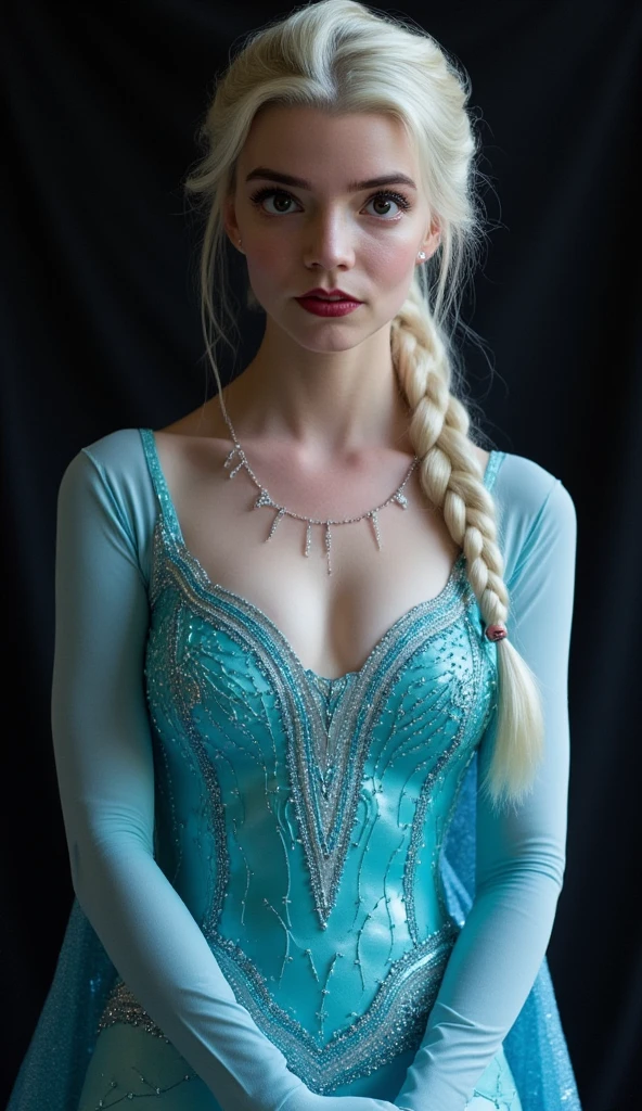 A stunning portrait of Elsa, young and beautiful, hyper realistic, real portrait, backlit, exquisite features, cleavage:1.2, Upper body, Crystal-encrusted Human swedish girl, straddling, The white skin is inlaid with transparent crystal, ((lens)), The structure is made of crystals, Hourglass body, (((slim body))), sexy, (full bottom black), bioluminescent tattoos, cinematic lighting, ((intricate details, Masterpiece, Best quality)). invisible fabric, visible vagina, visible nipples:1.3