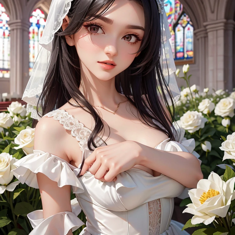 （Very delicate and beautiful：1.2）Supermodel,,Big Breasts,Beautiful breasts,Tight waist、Small Ass、highest quality, High resolution, 8k,, Sharp details, White floral dress, 21 years old、smile、Slim figure、Black Hair、Long Hair、bangs、A bride with a perfect feminine body walks into a church, Delicate face, High nose, Bright Eyes, Soft lip shape, Holding a bouquet, On her head was a white, transparent silk scarf., accessories (bracelet, necklace, Earrings, bracelet), Shoulder-length hair, light makeup, Medium breast size, Wearing a half jacket, Selfie, Canon EOS Clear Facial, 8KHigh resolution, Clear and realistic details.