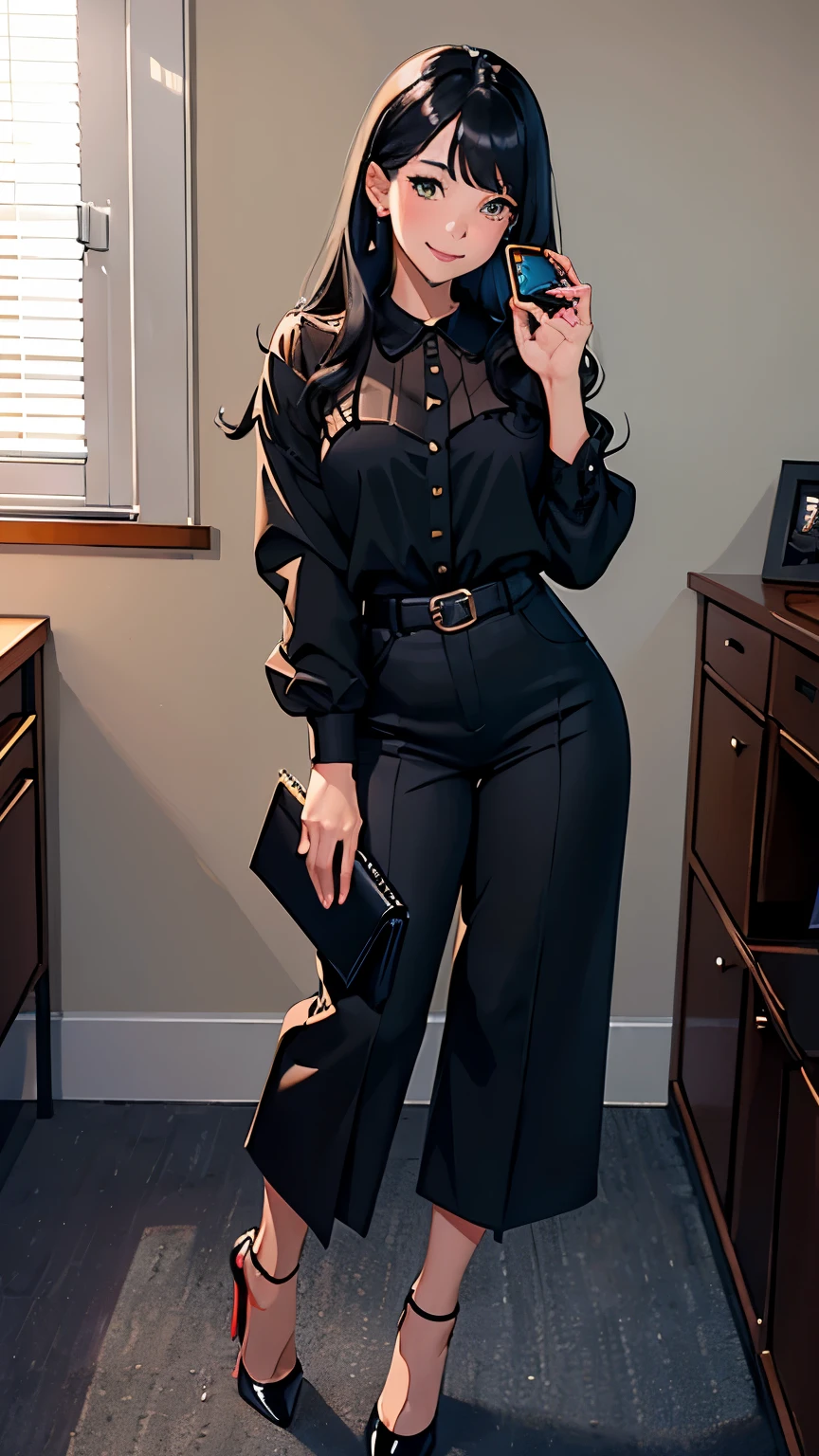    ((masterpiece, high resolution, better quality, better details)), ((Smiling)), ((one girl)) a girl sitting at a large wooden desk, full body, wearing a pleated maxi skirt, long skirt, ((long skirt without openings)), paired with a fitted cardigan, ((Louboutin high heels)), green eyes, ((black hair, long hair)), shiny skin, ((top view)), solo, from above, full body, focus full body, in a stylish office, writing in a notebook