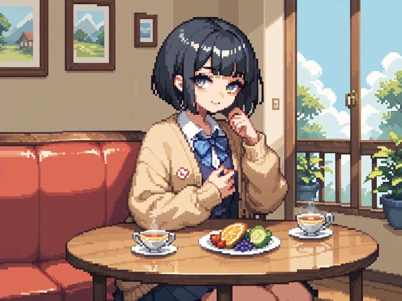  pixel art、solo,2D, beautiful illustration ,throw,tea shop,lounge,Sitting facing the Viewer on a square table, looking at viewer,School uniform, Cardigan,black hair ,blunt bangs,bob cut hair,bags、Sofa,Window、 big window, cool vibe