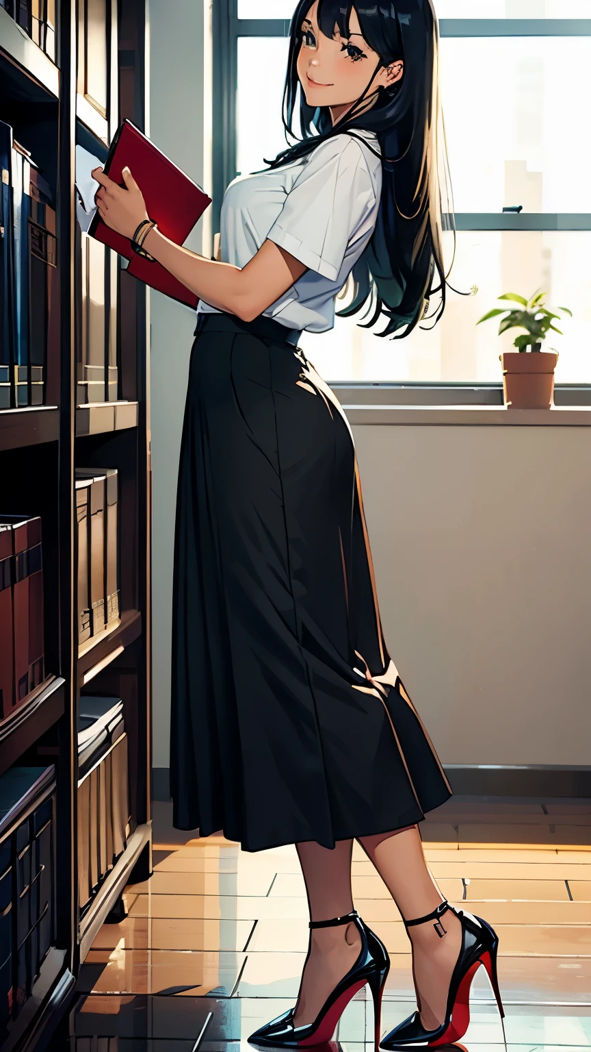    ((masterpiece, high resolution, better quality, better details)), ((Smiling)), ((one girl)) a girl sitting at a large wooden desk, full body, wearing a pleated maxi skirt, long skirt, ((long skirt without openings)), paired with a fitted cardigan, ((Louboutin high heels)), green eyes, ((black hair, long hair)), shiny skin, ((top view)), solo, from above, full body, focus full body, in a stylish office, writing in a notebook