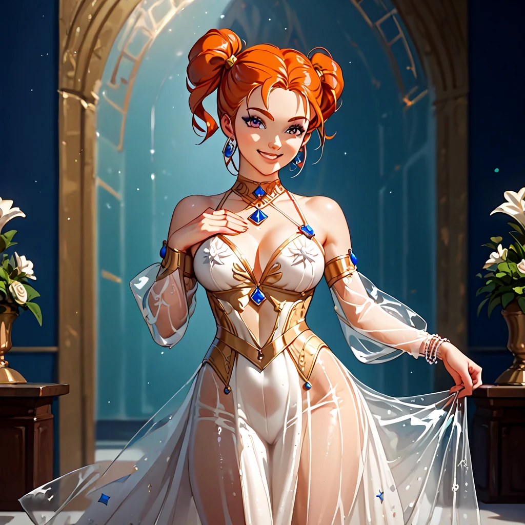 a Japanese girl, with short red curly hair, scabs on her face, naked, nsfw, laughing, doing an erotic pose with her hands on her breasts, perfect body, big chest, detailed curves, 8k, best quality, film lighting, detailed background, angle from above