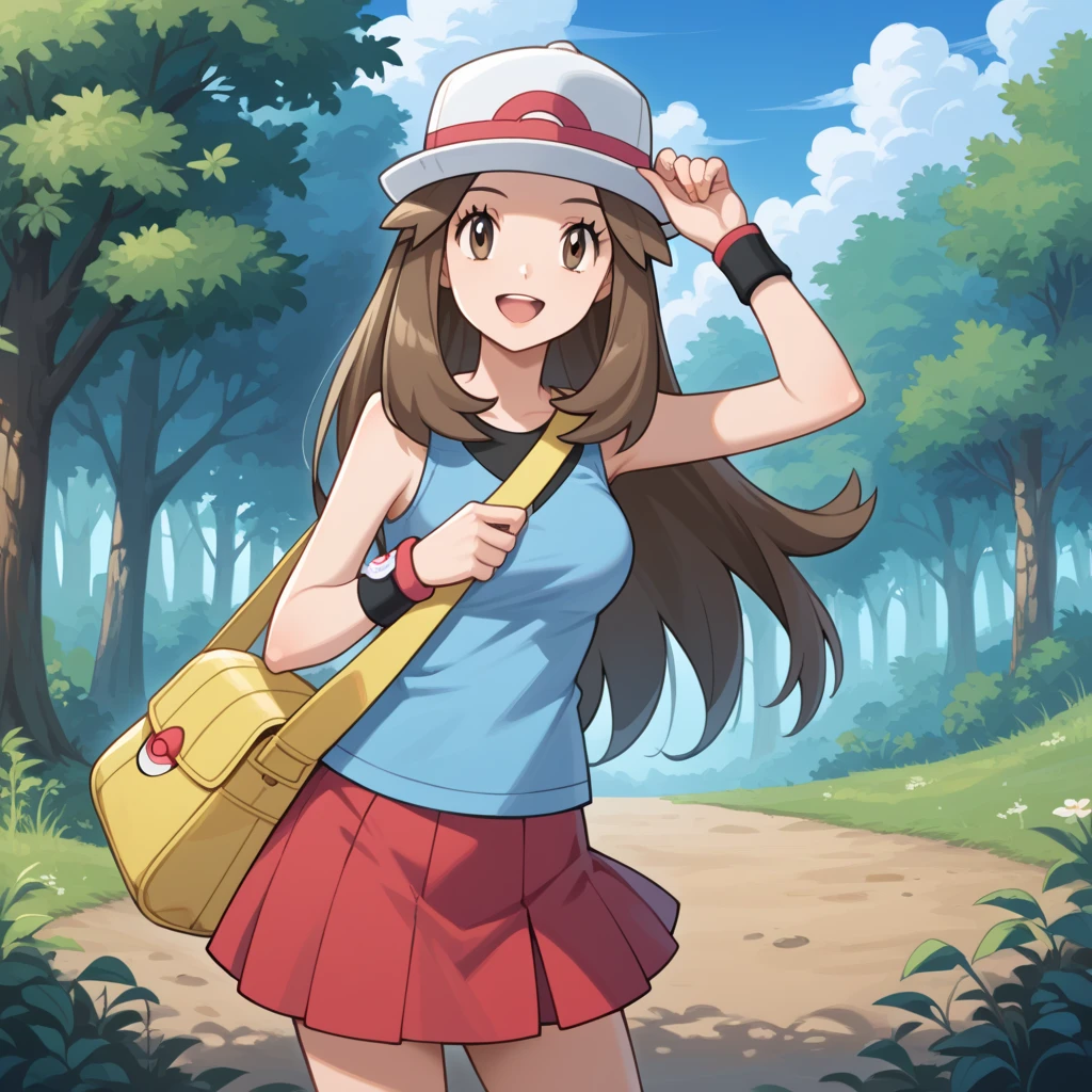 score_9, score_8_up, score_7_up, score_6_up, best quality, source_anime, cel shading, flat color, vector, detailed background, blue background, clouds, trees, forest, BREAK 1girl, solo, leaf_(\pokemon\), brown hair, long hair, brown eyes, white hat, blue sleeveless shirt, red skirt, blue socks, yellow duffle bag, wristbands, medium breasts, cowboy shot, looking at viewer, smile, open mouth, teeth, one hand on hat, 