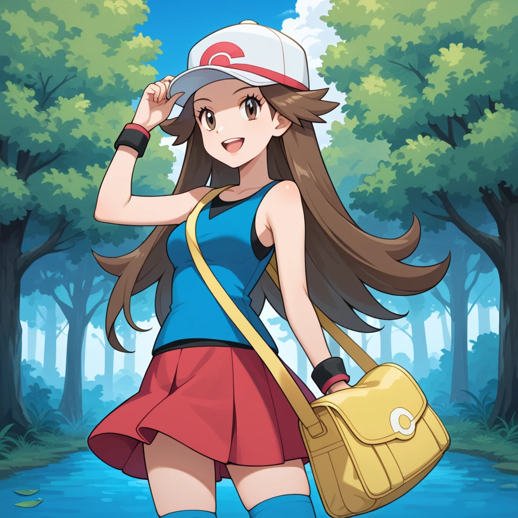 score_9, score_8_up, score_7_up, score_6_up, best quality, source_anime, cel shading, flat color, vector, detailed background, blue background, clouds, trees, forest, BREAK 1girl, solo, leaf_(\pokemon\), brown hair, long hair, brown eyes, white hat, blue sleeveless shirt, red skirt, blue socks, yellow duffle bag, wristbands, medium breasts, cowboy shot, looking at viewer, smile, open mouth, teeth, one hand on hat, 