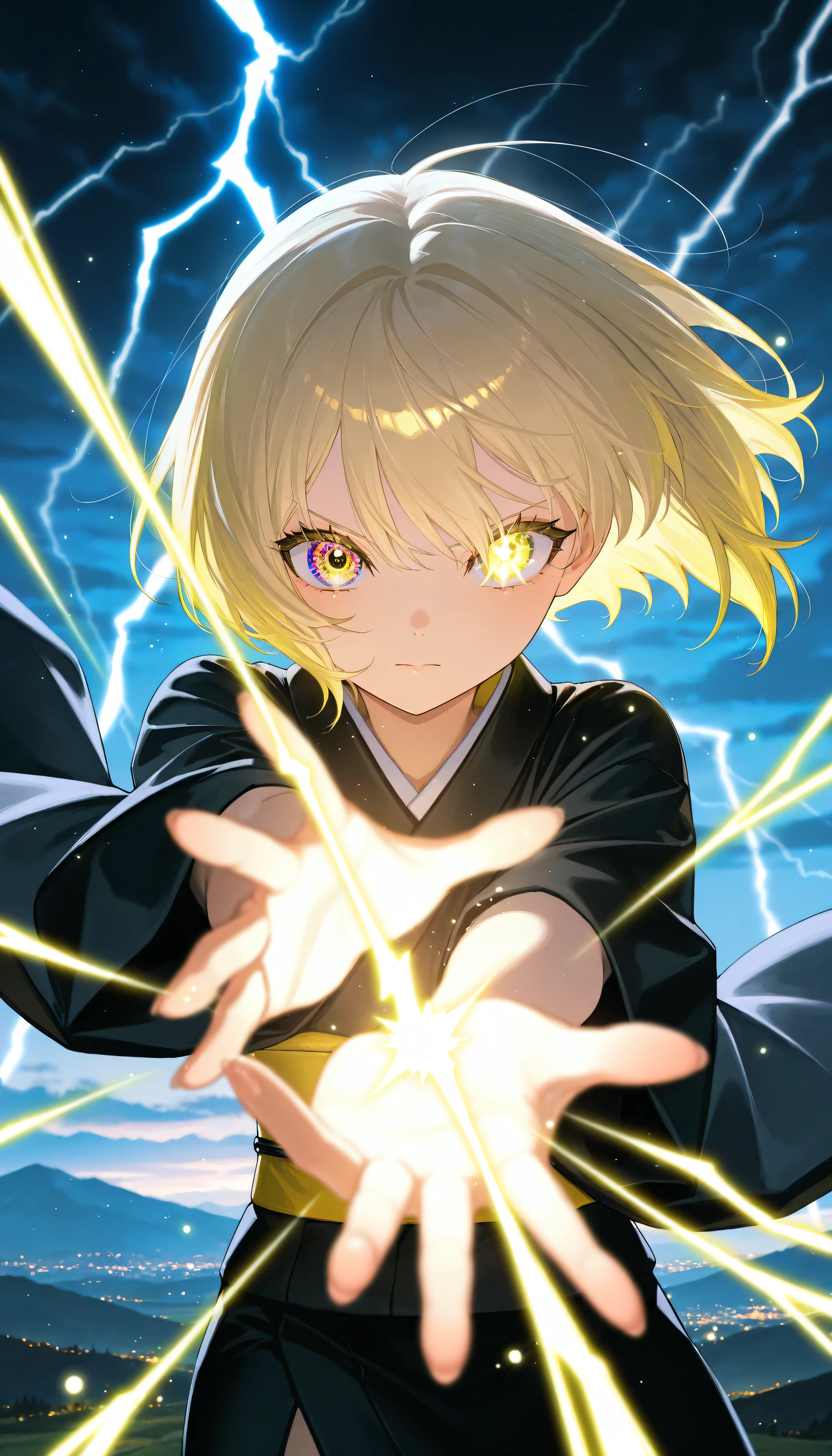 Masterpiece, Top Quality, Excellent Quality, Very Aesthetic , High Definition, Ultra Detail, Absurd, Latest, Landscape, Colorful, Rim Light, Backlight, Best Detail, Cute Girl, (Cute:1.2), Light Yellow Hair, Short Wavy Bob, Lightning In Her Eyes, Long Eyelashes, Fair Skin (face focus:0.7), dynamic pose, black kimono, perfect night, fantasy background, looking at viewer, serious expression, perfect hands, (colorful light particles:1.2), (face focus:0.7), intense lightning effect, hands, fingers, eyes, graphic details, detailed background, detailed foreground, extremely detailed eyes, masterpiece extremely detailed eyes, masterpiece, top quality, excellent quality, very aesthetic , high resolution, ultra detail, absurd, latest, landscape, depth of field, volume lighting