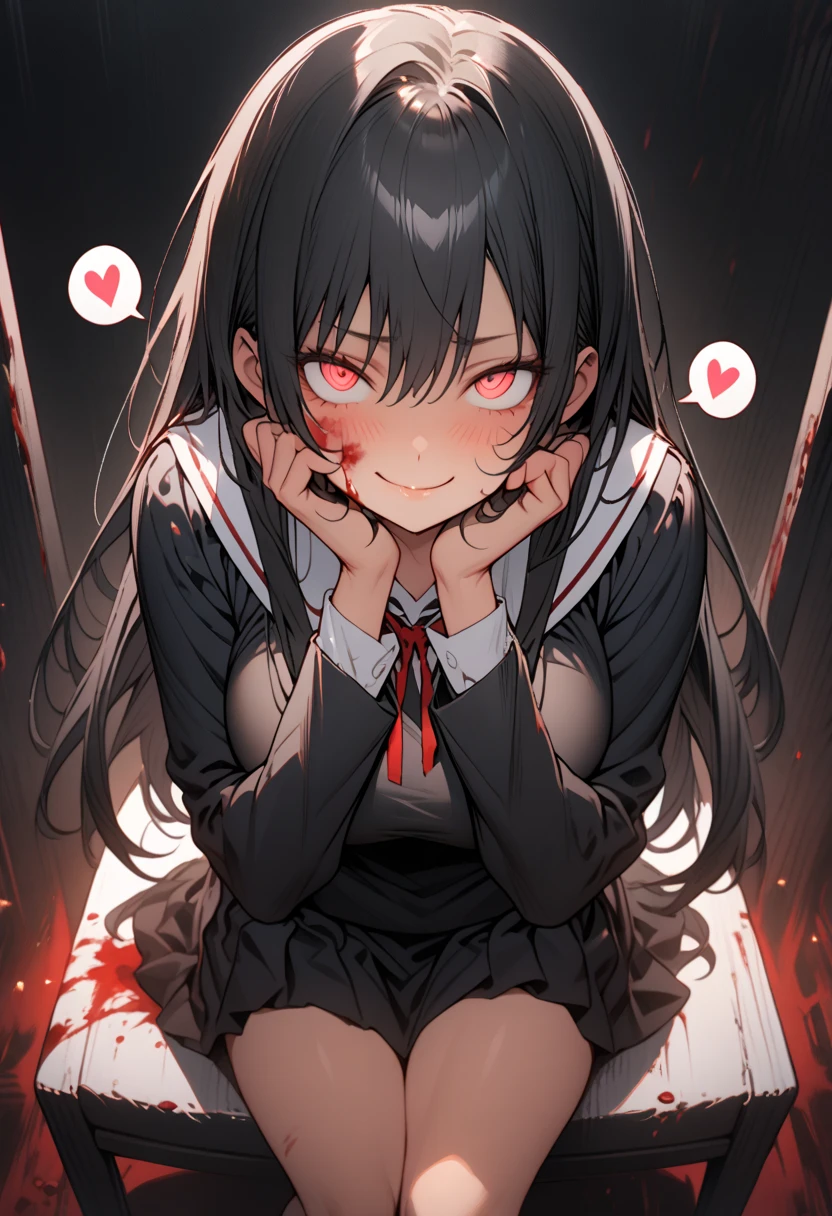 Masterpiece,best quality, (highly detailed CG illustration),very aesthetic,recent,detailed eyes,1 woman,matured female,(looking at viewer),glowing red pupil,black hair,straight long hair,(large breast:1.05),(black highschool uniform,white line,gold button),half-closed eye,BREAK,(blood on her face),red blush,(spiral eyes),(mad smile),(yandere smile),closed mouth,hands on own cheek,walking to viewer,BREAK,half-closed mouth,(spoken heart:1.3),sharp teeth,sitting on chair,dark room,(from front)