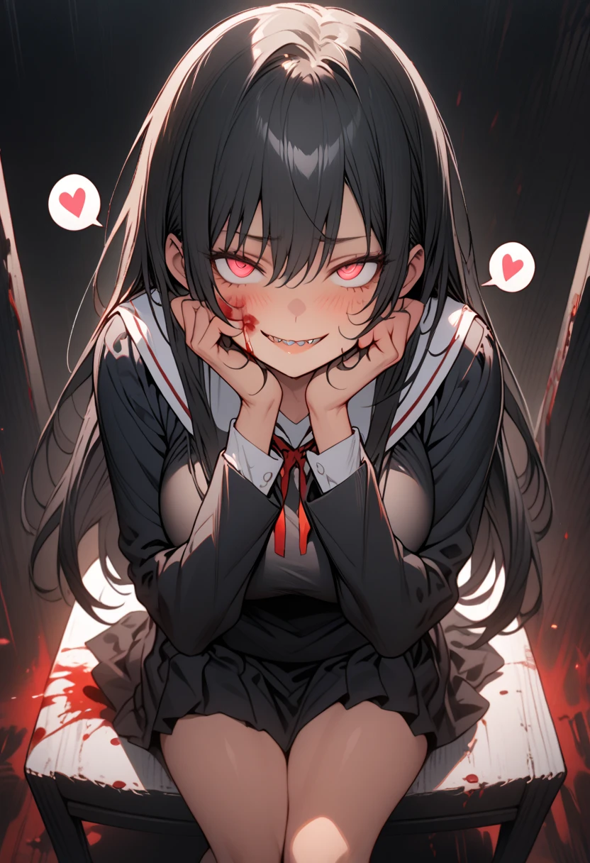 ({ masterpiece : best quality : high resolution : unity 8k wallpaper : illustration : extremely detailed face : perfect lighting : extremely detailed CG : perfect anatomy } { background = horror theme : dark room} { character = Nico Yazawa : solo : lolicon : small breast : dark twin tail hair with red ribbon : white shirt : black tie : skirts : fit body : open mouth : pain : screaming : pov face closed up : tears : sweating : kneeling on the floor : terrified : scared : looking at viewer : saliva dripping from mouth : blank eye : looking up}