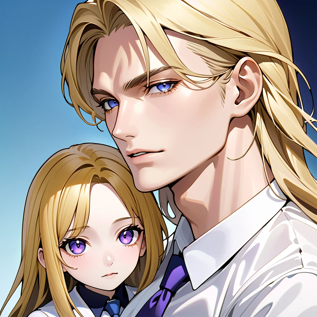 a handsome man, thin and quite tall .  He is also shown to have a muscular structure .  She has golden blonde hair ,  usually straight and messy that falls on his face and is short.   his eyes are an amethyst color ,  His outfit is the school uniform ,  consisting of a white shirt , a blue tie, pants.   His hair has two bangs leaving a little of his forehead exposed, Her skin is brown,  will be seen his hair is short and he is young with a youthful appearance  ()  portrait, Only the upper part 