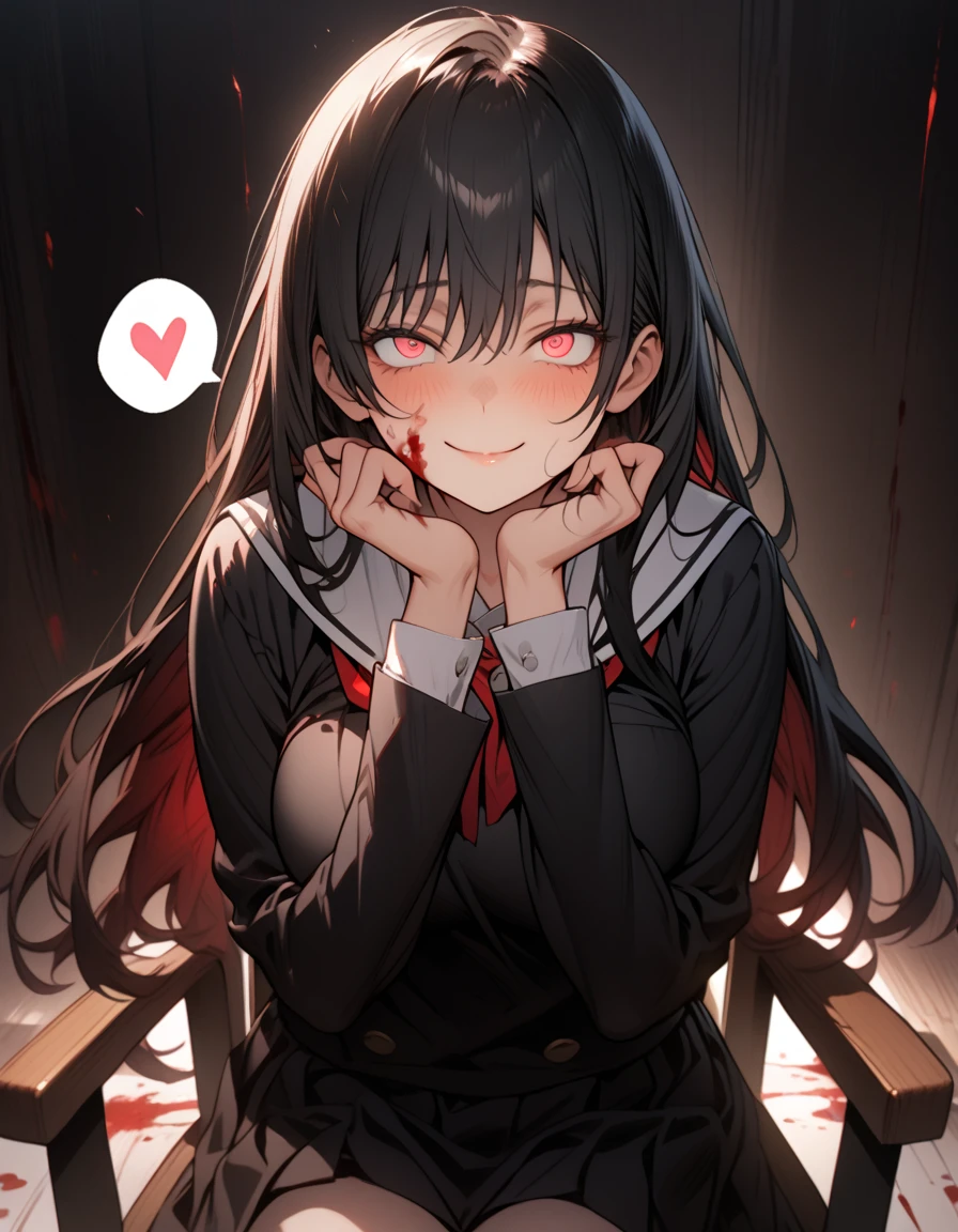 Masterpiece,best quality, (highly detailed CG illustration),very aesthetic,recent,detailed eyes,1 woman,matured female,(looking at viewer),glowing red pupil,black hair,straight long hair,(large breast:1.05),(black highschool uniform,white line,gold button),half-closed eye,BREAK,(blood on her face),red blush,(spiral eyes),(mad smile),(yandere smile),closed mouth,hands on own cheek,walking to viewer,BREAK,half-closed eyes,(spoken heart:1.3),sitting on chair,dark room,(from front)