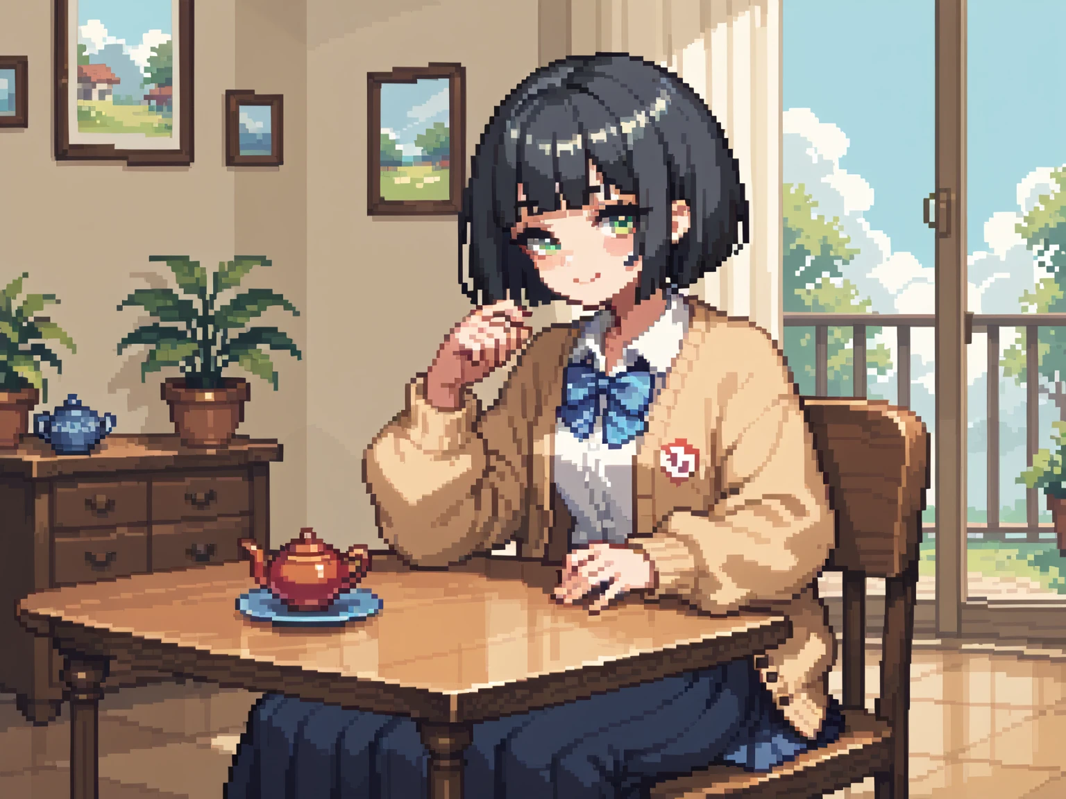  pixel art、solo,2D, beautiful illustration ,throw,tea shop,lounge,Sitting facing the Viewer on a table, (square table)looking at viewer,School uniform, Cardigan,black hair ,blunt bangs,bob cut hair,bags、Sofa,Window、 big window, cool vibe