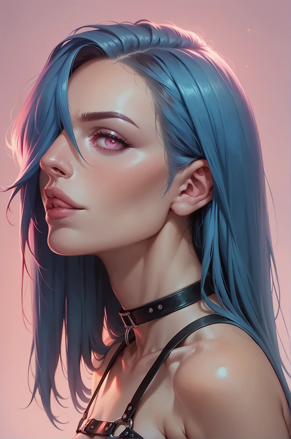 score_9, score_8_up, score_7_up, cartoon of a girl, solo, sexy, slutty, pink eyes, intense gaze, blue hair, hair over one eye, straight hair, latex strap harness bikini, small breast, moody and gritty, atmospheric lighting, vivid pink background, creating a powerful visual impact