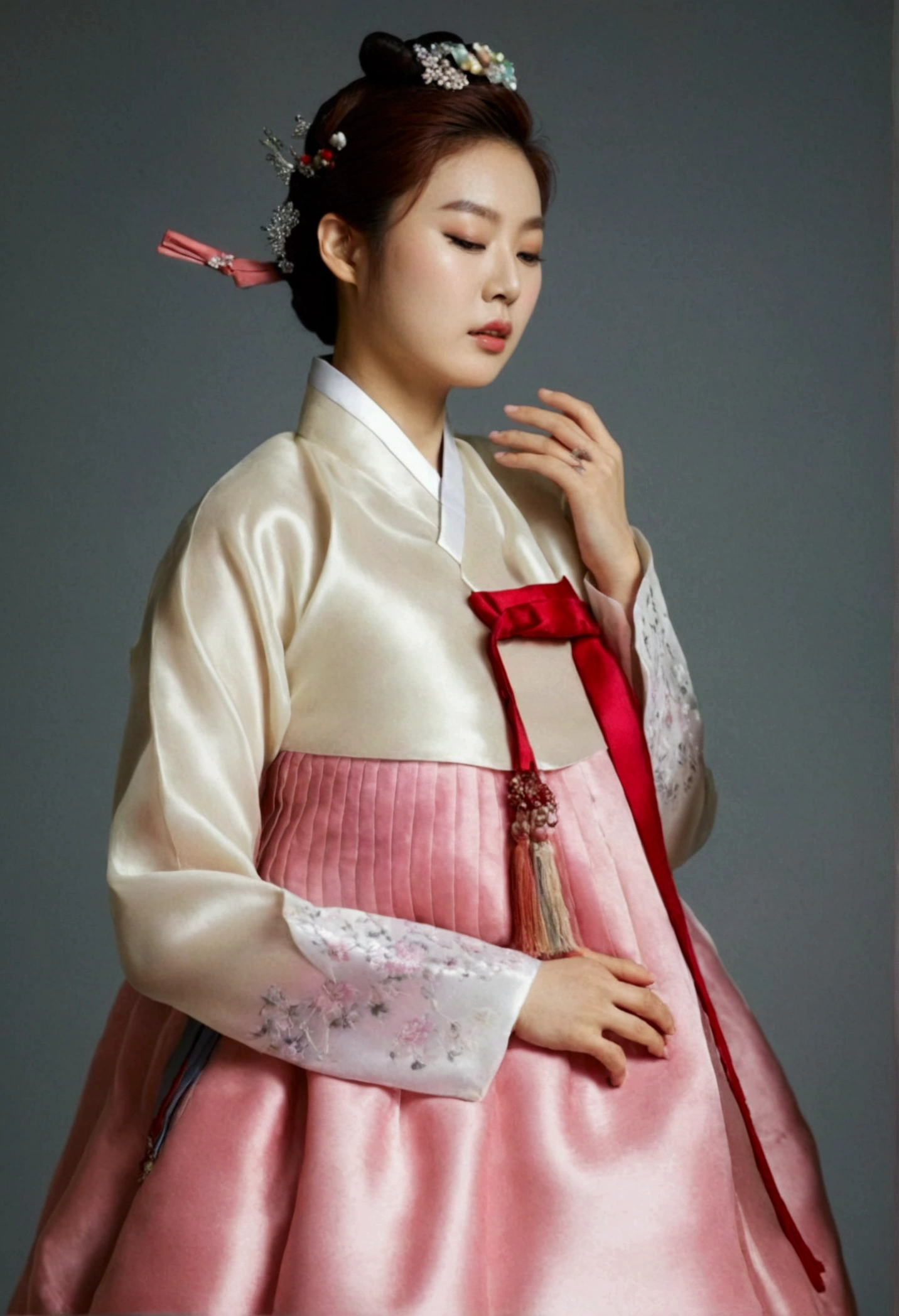 A Korean man had surgery to change his body from male to female, his body is completely female, he has big breasts like a woman, but his face is not changed, he still has a male face, his hairstyle is still masculine, he is wearing an off-shoulder evening long dress, his body looks voluminous, he is wearing a hanbok jacket, the hanbok jacket worn over the evening dress goes very well, shiny silk, satin, pink and red