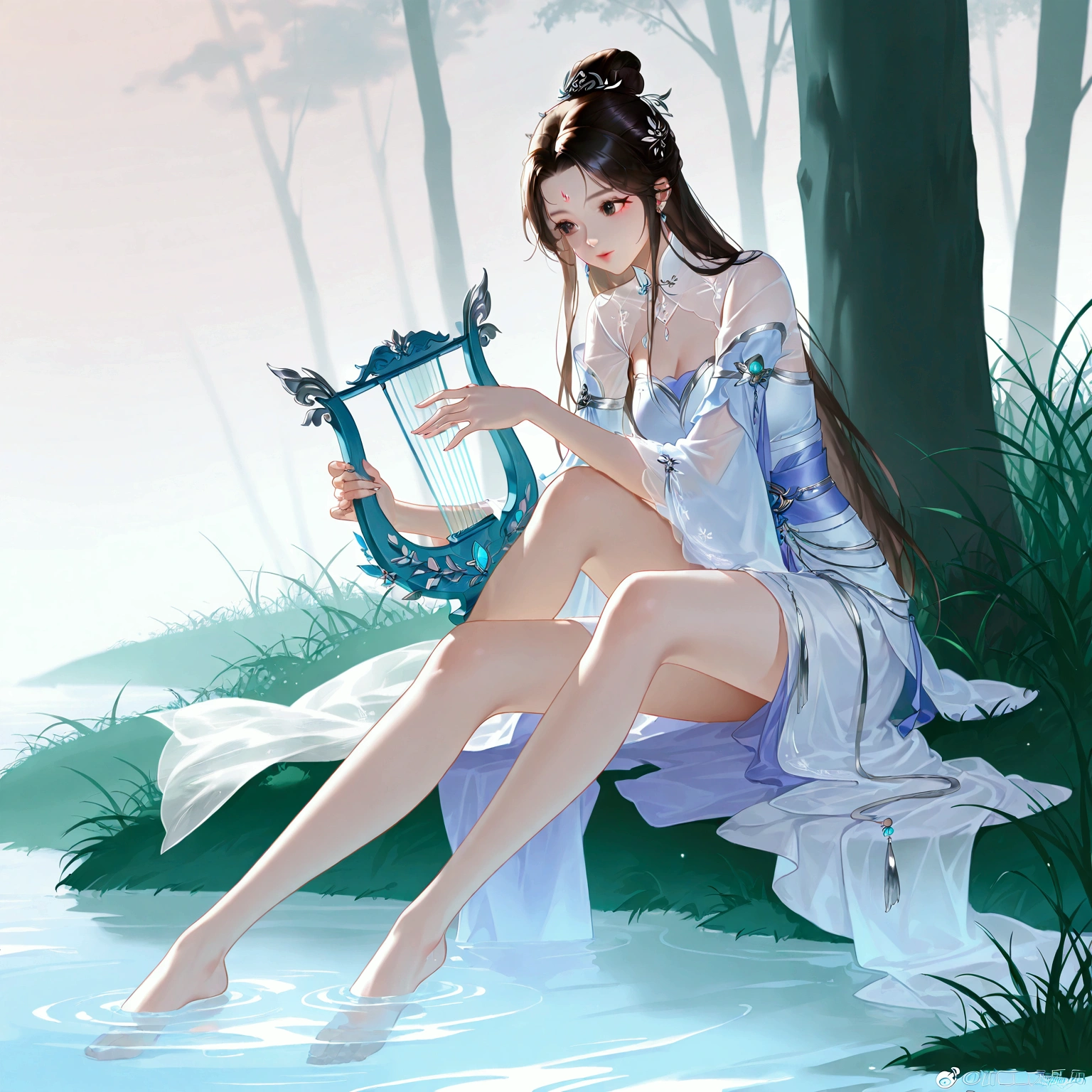 huhu g, zhu xian, lu xueqi (zhu xian), 1girl, bare legs, brown hair, dress, facial mark, fog, forehead mark, full body, grass, hair bun, hair ornament, instrument, long hair, looking to the side, lyre, outdoors, sitting, solo, water, white dress, highres, absurdres, second- source