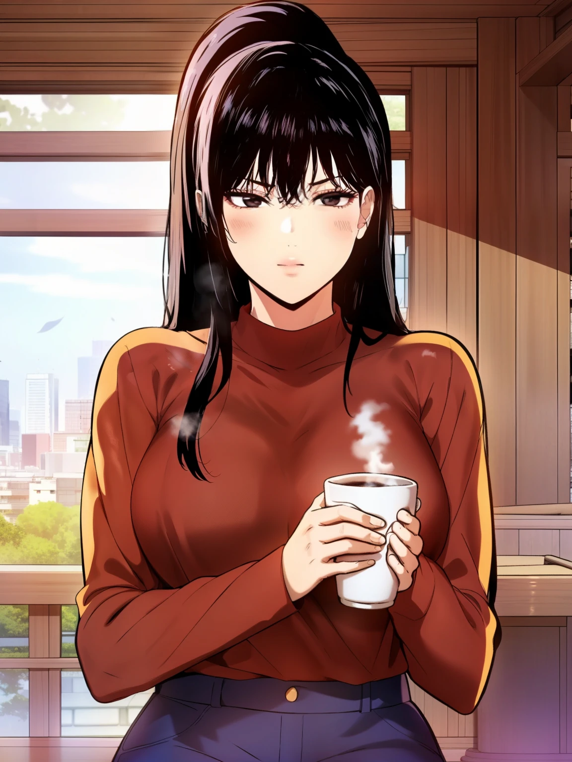 A young woman with long, black straight hair cascading over her shoulders, and black eyes that radiate kindness. She is wearing a cozy red sweater, slightly oversized, with the sleeves gently rolled up. The sweater hugs her figure in a casual yet elegant way. She pairs it with light blue jeans and simple white sneakers for a relaxed look. She stands on a charming balcony at sunset, holding a steaming cup of coffee in one hand. Her soft smile adds warmth to the scene. The background features potted plants, a small table with an open book, and a glowing city skyline bathed in golden-orange light. Manhwa style, My landlady noona style, super fine face, super fine nose, super fine mouth, super fine fingers, super fine body, super fine hand, perfect body, golden ratio, good shape, muscular, super realistic, red sweater, super detailed