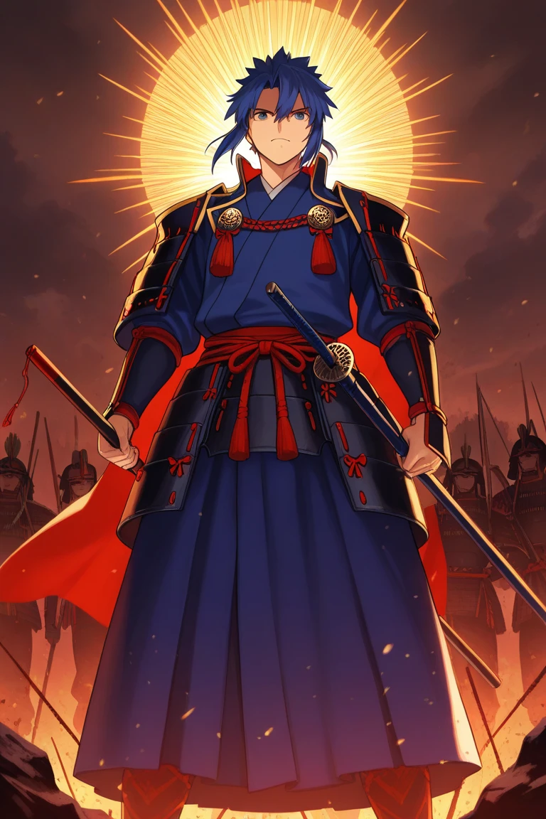  top quality ,  Masterpiece,  highest resolution， (Traditional Japanese Samurai Armor), (Lancer_Fate), （battlefield_background），Kufulin，blue_Hair Color， Blue Kimono _male，4K, Alone，Red spear ，(whole body)， anime style ，（ Nobunaga's Ambition with a tin cane illustration style），  Hyper Detailed , ( intricate details ),