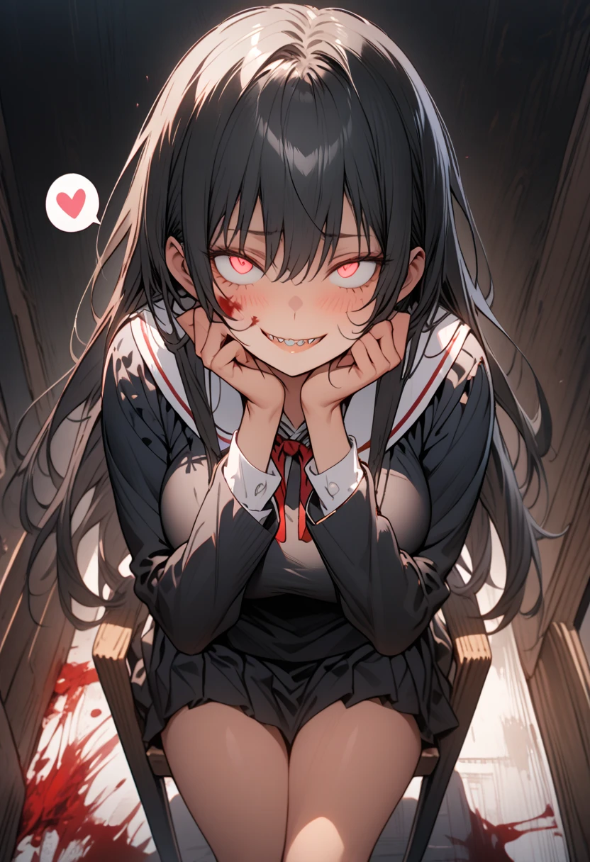 Masterpiece,best quality, (highly detailed CG illustration),very aesthetic,recent,detailed eyes,1 woman,matured female,(looking at viewer),glowing red pupil,black hair,straight long hair,(large breast:1.05),(black highschool uniform,white line,gold button),half-closed eye,BREAK,(blood on her face),red blush,(spiral eyes),(constricted pupils:1.3),(mad grin),(yandere smile),sharp teeth,hands on own cheek,walking to viewer,BREAK,half-closed eyes,(spoken heart:1.3),sitting on chair,dark room,(from front)