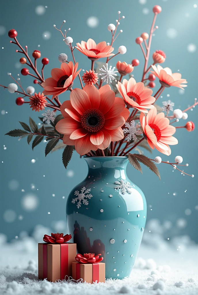  New Year Vase with a Bouquet of Flowers Decorated in Red and Blue,  Snowflakes and Christmas gifts are depicted on it ,  A beautiful designer robot ,  masterpiece fails, Master Robot ,  intricate details,  better quality ,