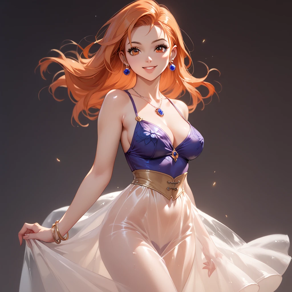 (( top quality )), ((masterpiece)), ( Details), （ perfect face）、Orange-haired twin-tailed Jessica Albert is wearing a see-through sexy dress and smiling in a pose showing off her charming body