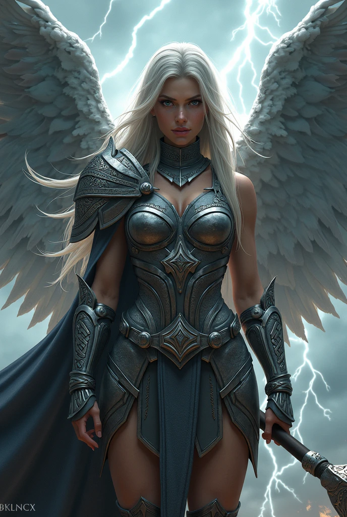 silver haired angel with rebecca ferguson face, silver eyes, grey feathered angel wings, wearing revealing golden armor, slim, lithe, sad, pensive, dark background