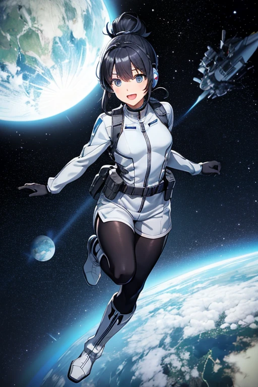  anime picture 、Space science fiction soldier 、 full body portrait 、A  soldier running around 155 cm tall wearing a silver bulletproof vest and silver shorts、 blue eyes、Hairstyle: short ponytail、 black hair、Black tights to cover the lower body、 smiling with open mouth 、 boots、gloves、silvery headset