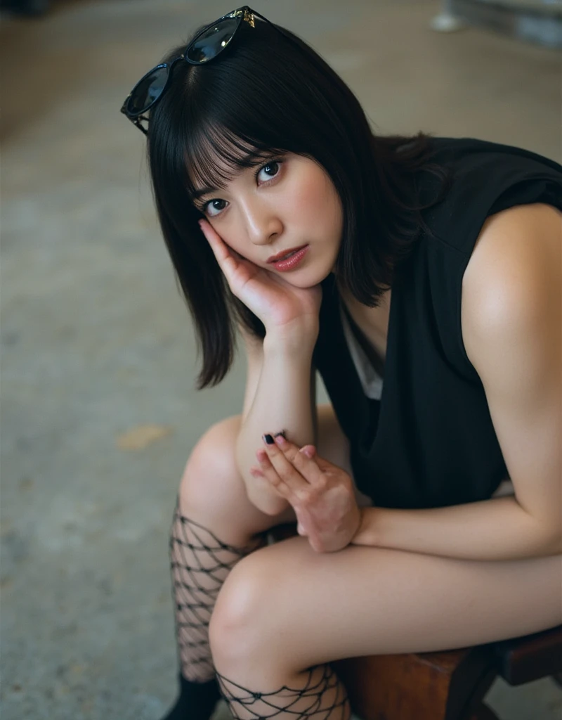 A masterpiece of surreal film photography with exquisite detail. ((Anatomically perfect and accurate body depiction: 1.6)), (An extreme close-up of a woman's face in a bird's-viewshot looking down on her: 1.6) A realistic, pretty Asian woman in a black tank top, with dark hair and bangs, (Sitting on a stool: 1.6), (One leg crossed on her knee: 1.6), (Extreme punk makeup: 1.7), (Black eyeliner and black lipstick, black fishnet stockings, black nails: 1.7), Woman looking up at the camera from below with a blank look, focus on face