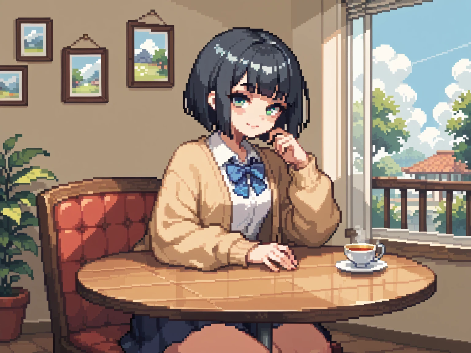  pixel art、solo,2D, beautiful illustration ,throw,tea shop,lounge,Sitting facing the Viewer on a table, (square table:1.2)looking at viewer,School uniform, Cardigan,black hair ,blunt bangs,bob cut hair,bags、Sofa,Window、 big window, cool vibe