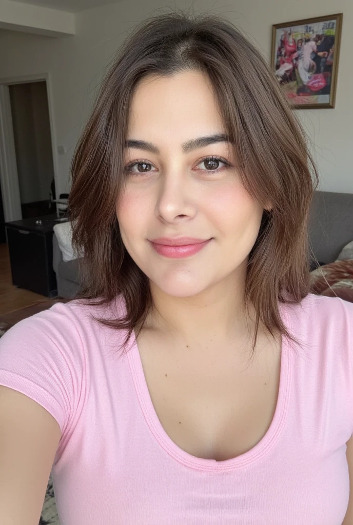 RAW photo of l4r1ss4r1qu3lm3 woman, wearing a pink tshirt, in a living room, detailed face, natural lighting, highly detailed, absurdres, smile happy nude
