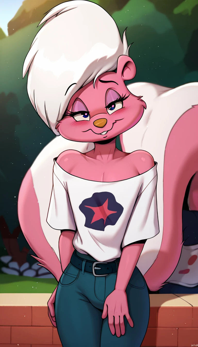 masterpiece, best quality, nervous expression, male, anthro, furry, pink fur, fluffy fur, BREAK, French striped skunk femboy, Bimbette, gay furry femboy, gay homophobic skunk, skunk ears, skunk nose, cute eyes, blue eyes, white female eyelids, female eyelashes, femboy makeup, skunk tail, white hair, (white hair), solo, (outdoors), sunshine, detailed, big eyes, strong arms, white off-shoulder shirt, blue jeans with a belt on, happy, head tilt, adult (20 years), straight legs, half-closed eyes, blush, looking at the viewer, standing, (kilinah), light particles, score_9, score_8_up, score_7_up, score_6_up, score_5_up, score_4_up