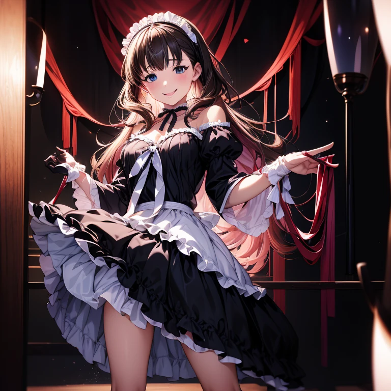 a cute horned Senorita Bonita smiling wearing a maid outfit, round_toe pumps, sfw