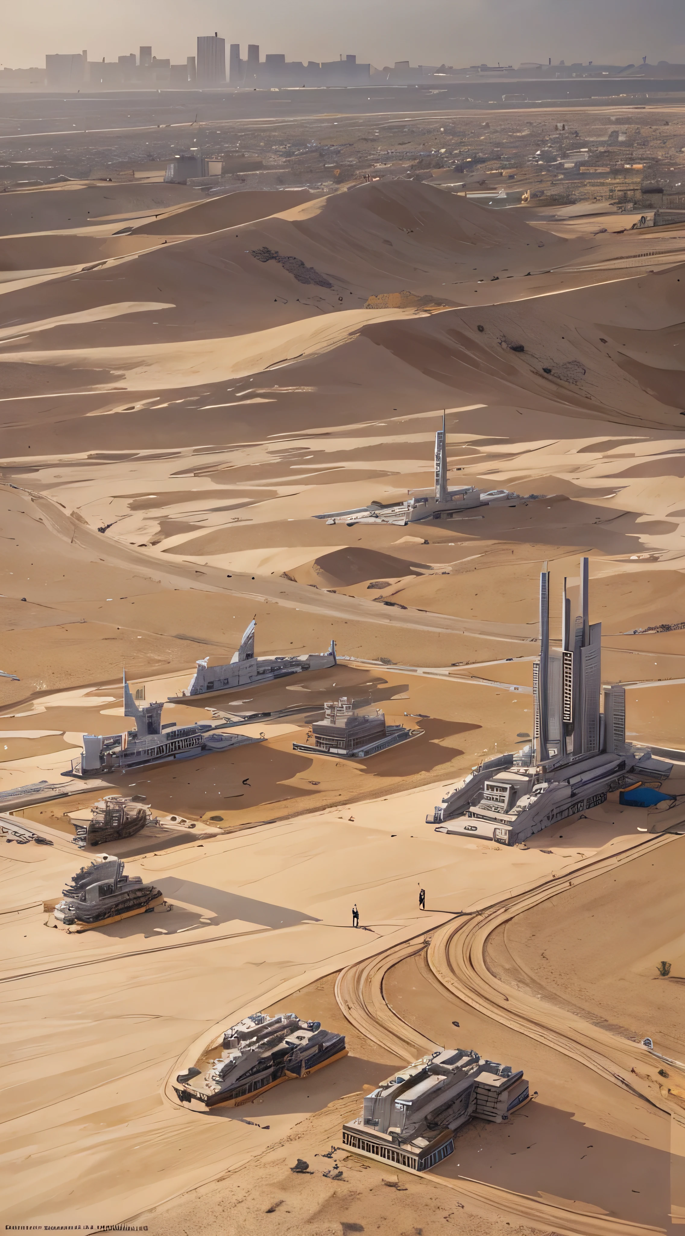 There is a picture of a futuristic city and a giant robot, Jodorowsky&#39;s『Sand dunes』, Very detailed matte painting, Sand Planet, Complex Matte Painting, Jodorowsky&#39;s『Sand dunes』 movie, Kill a large number of robot , Ultra-detailed Matte Painting, Complex Environment, Amazing sci-fi concept art , CGSociety )