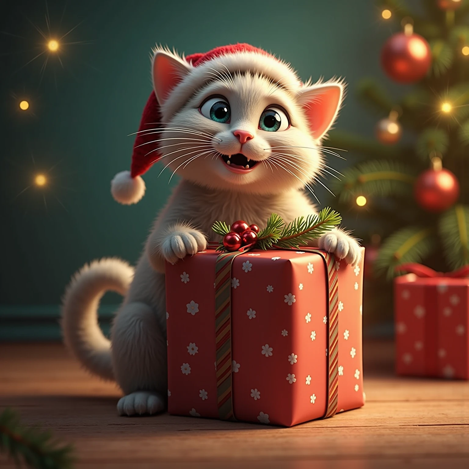 Un mème de Noël amusant mettant en scène un chat animé.
Le chat a de grands yeux expressifs et un sourire malicieux, portant peut-être un bonnet de Noël ou une écharpe festive.
Il est placé dans une situation humoristique liée à Noël, comme essayer d'attraper des décorations du sapin, se cacher dans des cadeaux, ou faire une bêtise typique de chat.
Le texte du mème est court et percutant, ajoutant à l'humour de la scène. Par exemple : "Quand tu réalises que tu as oublié d'acheter des cadeaux de Noël" ou "Le chat quand il découvre les guirlandes du sapin".
L'arrière-plan est festif, avec des éléments de Noël comme des sapins, des guirlandes, et des lumières scintillantes.