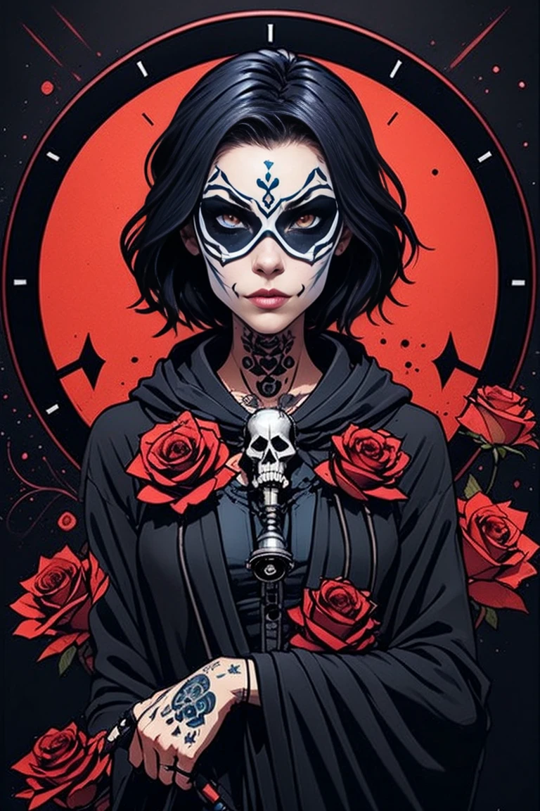 ((Masterpiece)), artistic, 8k, 12K, Horror,  grim Reaper,  beautiful women, Alone, black robe, Food up, Add a clock tower with a bell in the background ,  many black roses blooming in the background,  black background, Black Aura, {the mask scull designed covers on her eyes|1.3}, scull tatoo, punkish woman,  beautiful eyes, reaper,  draw the upper body,