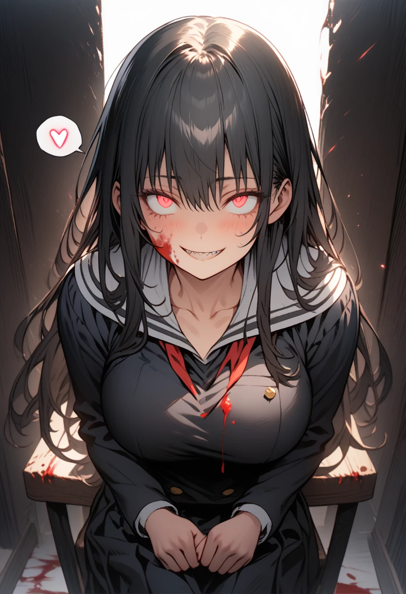 Masterpiece,best quality, (highly detailed CG illustration),very aesthetic,recent,detailed eyes,1 woman,matured female,(looking at viewer),glowing red pupil,black hair,straight long hair,(large breast:1.05),(black highschool uniform,white line,gold button),half-closed eye,BREAK,(blood on her face),red blush,(spiral eyes),(constricted pupils:1.3),(mad grin),(yandere smile),sharp teeth,hands on back,walking to viewer,BREAK,tied on chair,half-closed eyes,(spoken heart:1.3),sitting on chair,dark room,(from front)