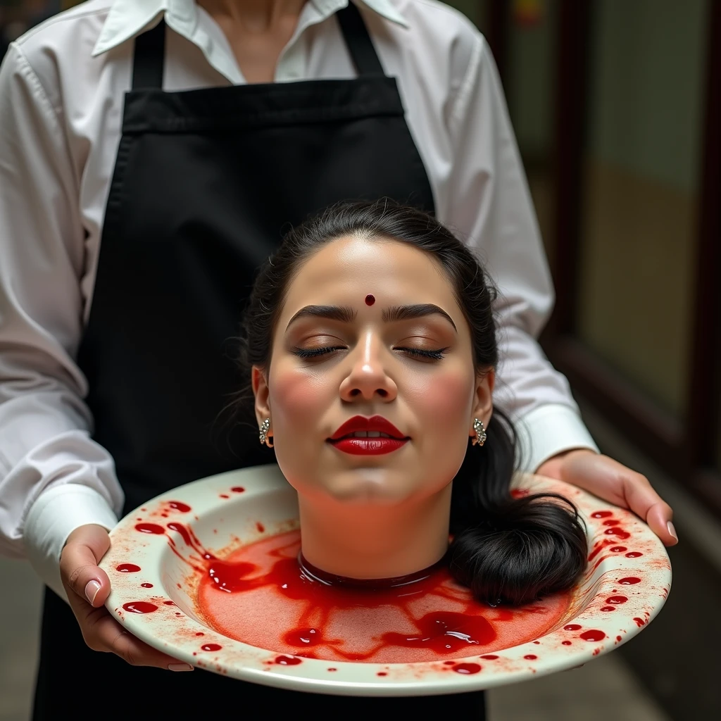 decapitated female head on a plate, ahegao face, covered in flesh, full of blood, ((eyes closed)), served like a food dish, bloody, photorealistic, 4K, Nikon, horror