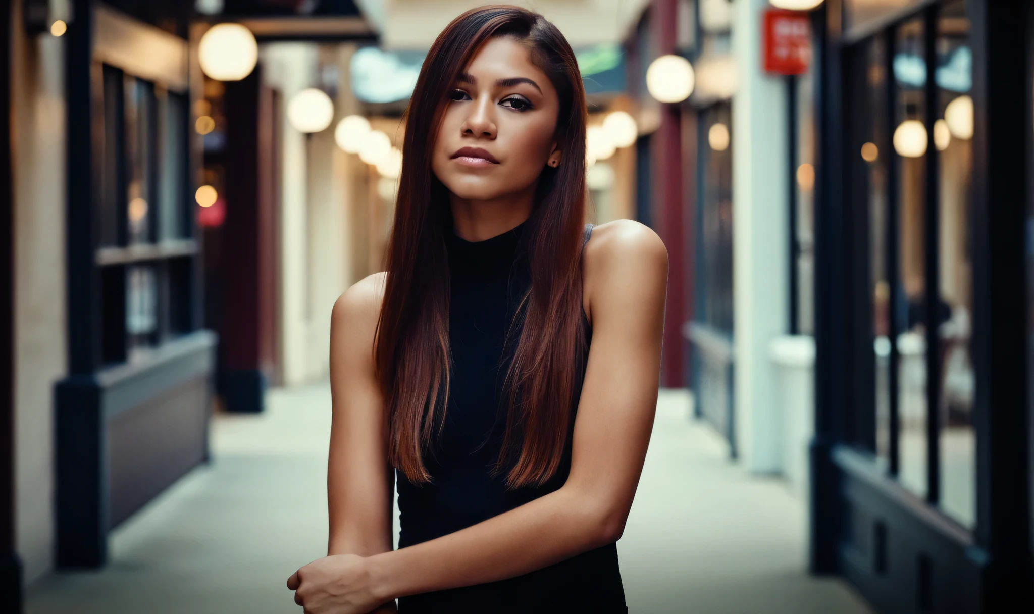 High res waist up portrait photo of a woman directly facing the camera . She is not looking at the camera with a slight seductive look. 