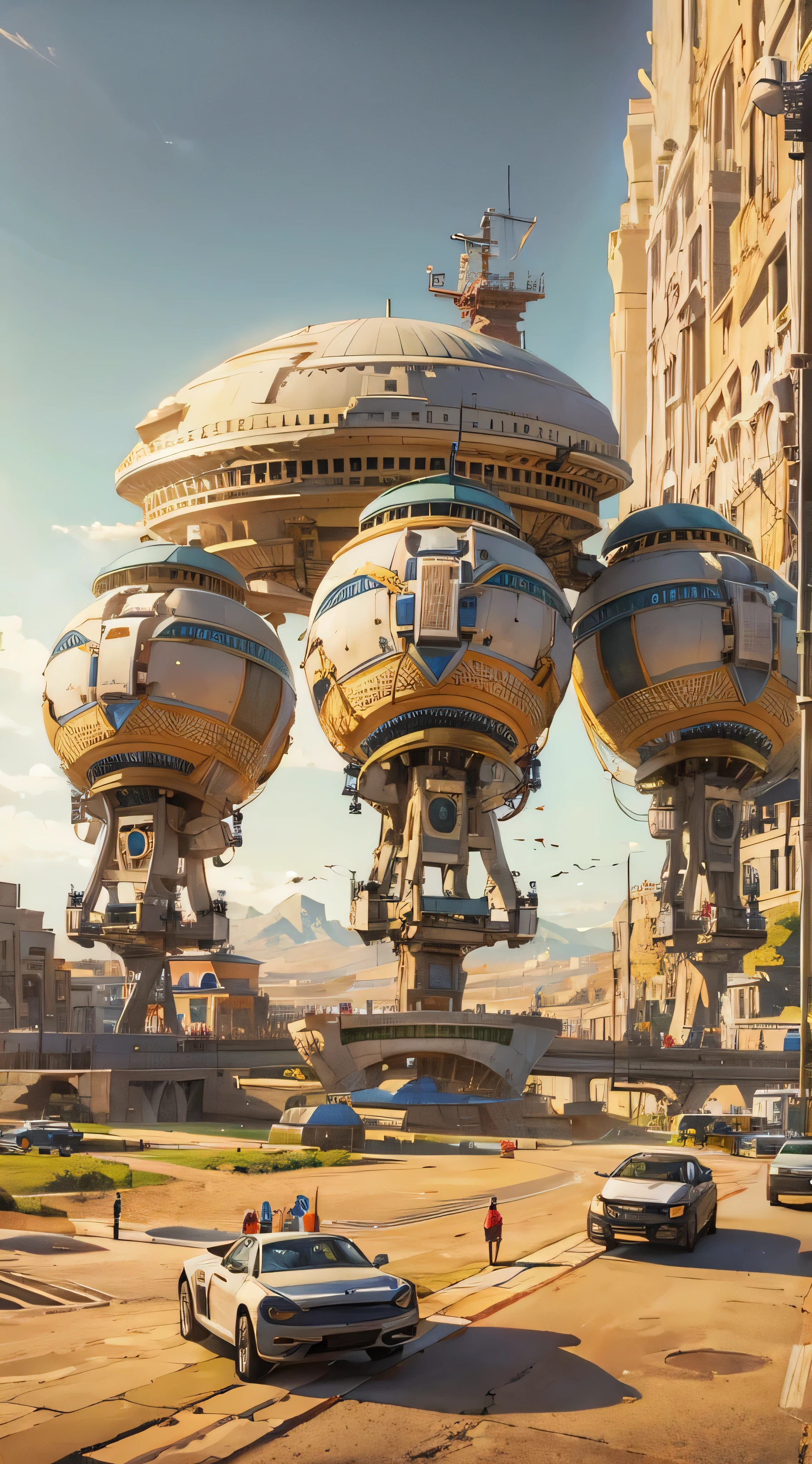 There is a picture of a futuristic city and a giant robot, Jodorowsky&#39;s『Sand dunes』, Very detailed matte painting, Sand Planet, Complex Matte Painting, Jodorowsky&#39;s『Sand dunes』 movie, Kill a large number of robot , Ultra-detailed Matte Painting, Complex Environment, Amazing sci-fi concept art , CGSociety )