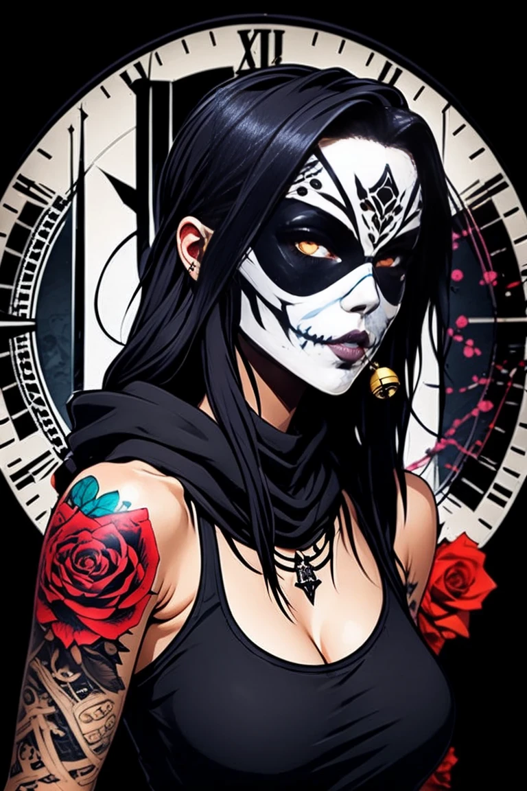 ((Masterpiece)), artistic, 8k, 12K, Horror,  grim Reaper,  beautiful women, Alone, black robe, Food up, Add a clock tower with a bell in the background ,  many black roses blooming in the background,  black background, Black Aura, {the mask scull designed covers on her mouth|1.3}, scull tatoo, punkish woman,  beautiful eyes, reaper,  draw the upper body,