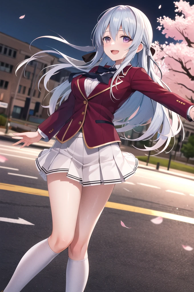 masterpiece,  top quality ,  high definition , From Ahi,  long hair,  hair bow,   purple eyes ,  school uniform,  blue tie,  red jacket ,  blazer,  pleated skirt, White Skirt,  knee-high,  turn your arms around your back , smile,   Open Mouth ,  standing with different breasts ,  in,  outdoors on the street at night, cherry blossoms,