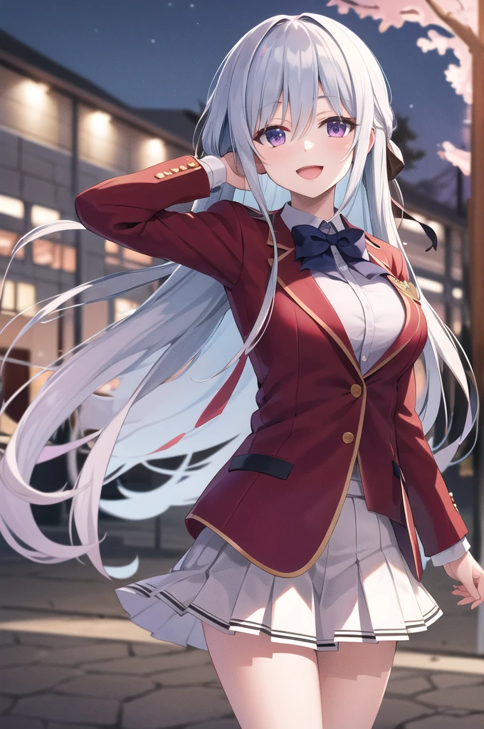 masterpiece,  top quality ,  high definition , From Ahi,  long hair,  hair bow,   purple eyes ,  school uniform,  blue tie,  red jacket ,  blazer,  pleated skirt, White Skirt,  knee-high,  turn your arms around your back , smile,   Open Mouth ,  standing with different breasts ,  in,  outdoors on the street at night, cherry blossoms,