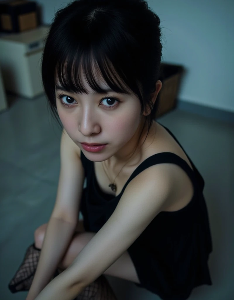 A masterpiece of surreal film photography with exquisite detail. ((Anatomically perfect and accurate body depiction: 1.6)), (bird's view shot of a woman looking down from above, extreme close-up of face: 1.6) Realistic, cute Asian woman in a black tank top, black hair with bangs, (sitting on a stool: 1.6), (one leg crossed on knee: 1.6), (extreme punk make-up: 1.7), (black eyeliner and black lipstick, black fishnet stockings, black nails: 1.7), woman looks up at camera from below with blank expression, focus on face