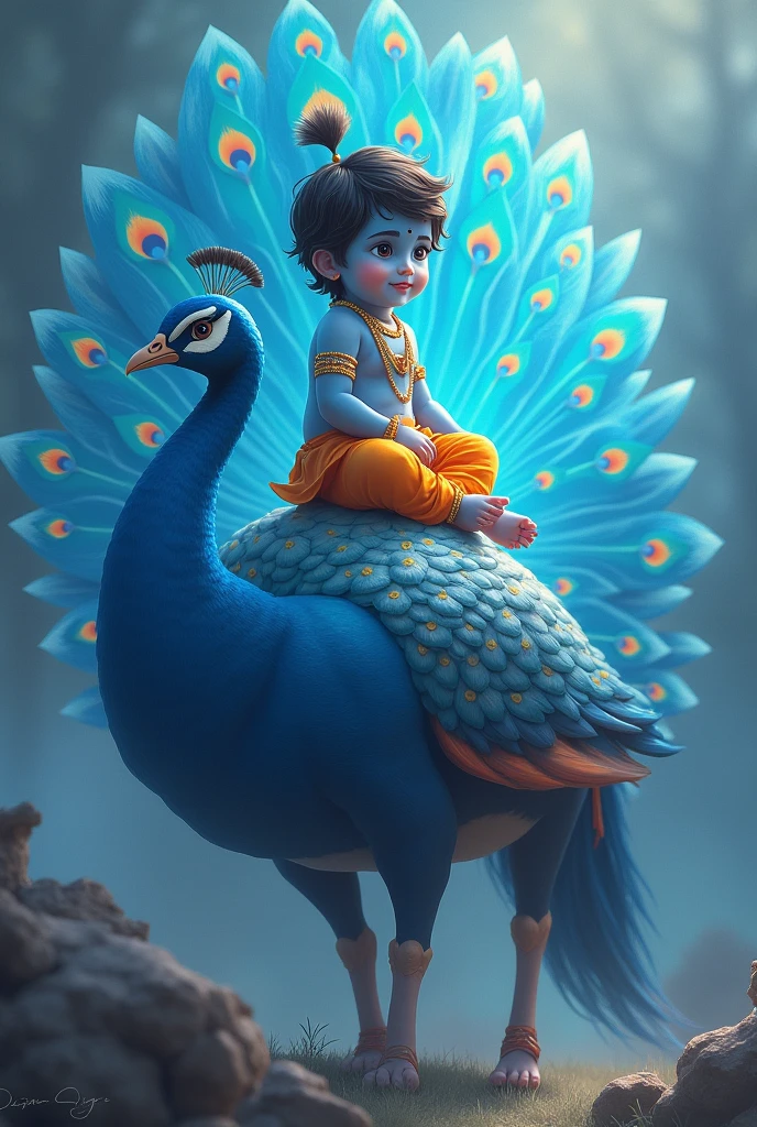 Cute little indian baby boy as lord murugan, flying in a vibrant blue sky on a peacock, holding a divine spear called vel in hand,  32k uhd, ultra clear, no noise , a murugan temple is seen in the background 