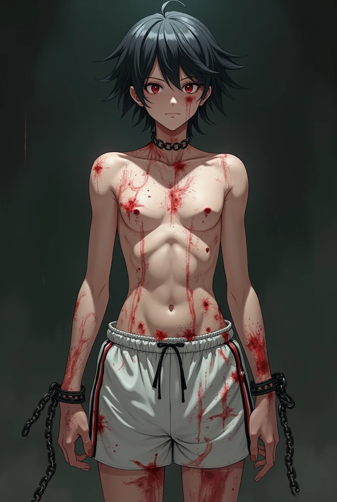 Anime Shounen，Teenage uncensored，male people，Naked all over the body，Naked，Naked，fullnude，No clothes，with short black hair， Hands tied with ropes，The feet are tied behind the back of the rope，The body is tied by a rope，Tie it with a rope，did not wear panties，The  is exposed to the audience，The  is erect，The  squirts white liquid，Be red in the face，nipple torture，Handsome，sweat leggs，enjoying，bareness，nakeness，Be red in the face，Tied by a rope，Frontal photo，Full body photo，solo person，Kneeling position，legs separated