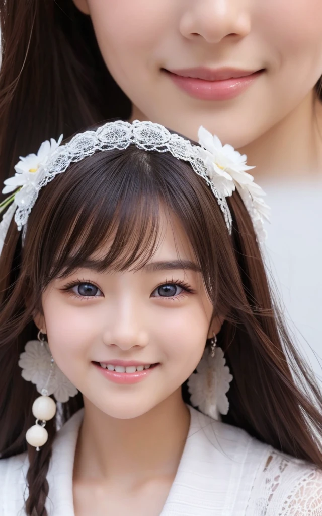 masterpiece, best quality, realistic, girl child dark hair, long hair, SILVER JACKET, broad shoulders, small head, upper body, (white background: 1.3), mouth closed.