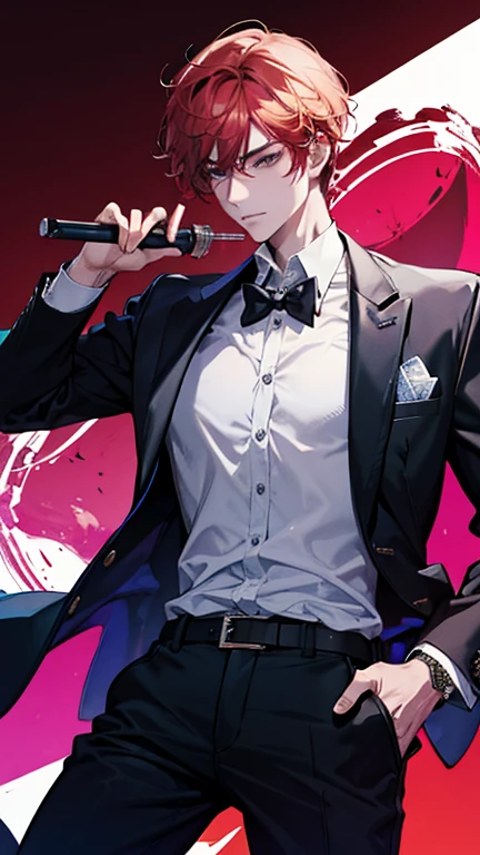 masutepiece,1 male, 25-years old,Male Focus, Pink shorthair, Hold a megaphone and sing, Detailed eyes,