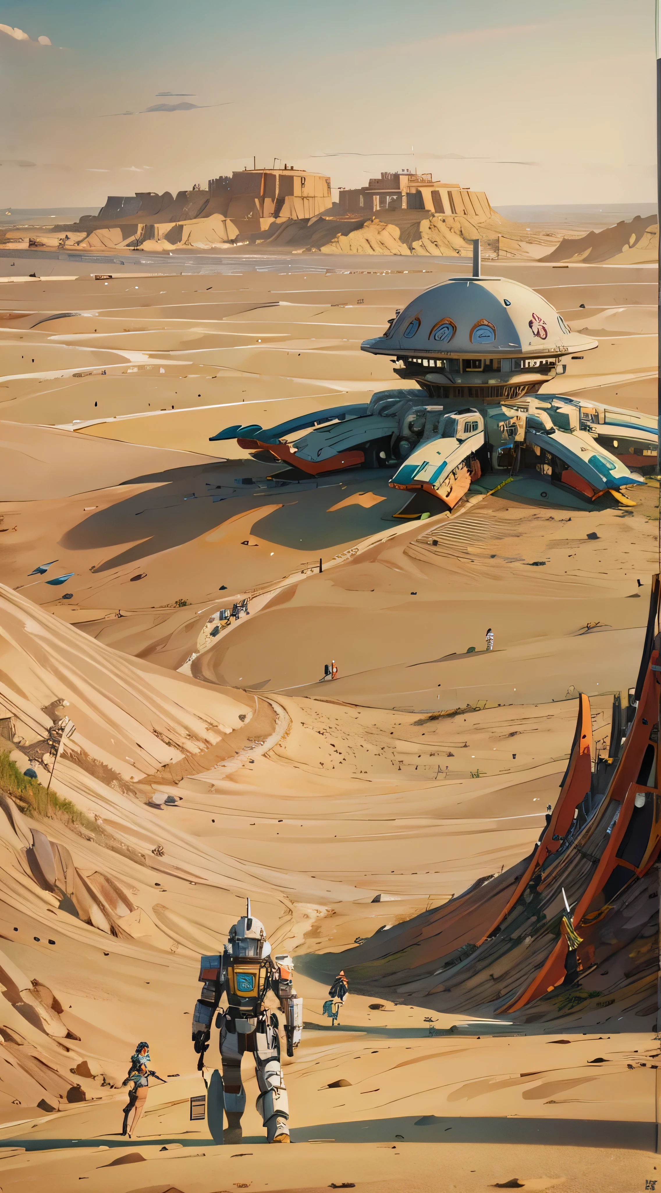 There is a picture of a futuristic city and a giant robot, Jodorowsky&#39;s『Sand dunes』, Very detailed matte painting, Sand Planet, Complex Matte Painting, Jodorowsky&#39;s『Sand dunes』 movie, Kill a large number of robot , Ultra-detailed Matte Painting, Complex Environment, Amazing sci-fi concept art , CGSociety )