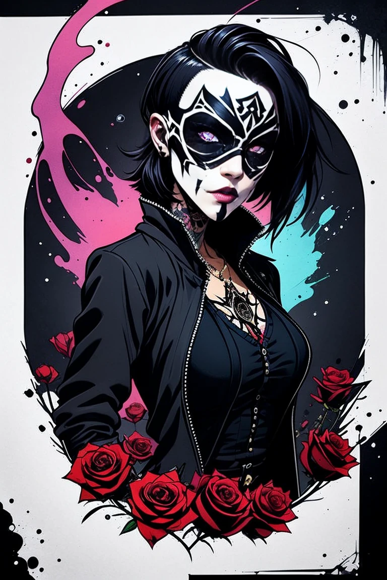 ((Masterpiece)), artistic, 8k, 12K, Horror,  grim Reaper,  beautiful women, Alone, black robe, Food up, Add a clock tower with a bell in the background ,  many black roses blooming in the background,  black background, Black Aura, {the mask scull designed covers on her mouth|1.1}, scull tatoo, punkish woman,  beautiful eyes, reaper,  draw the upper body,