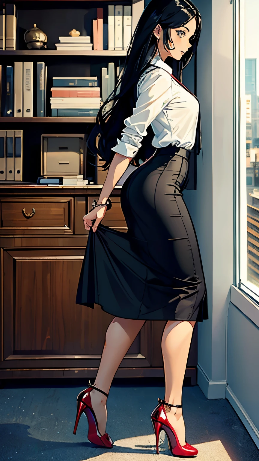    ((masterpiece, high resolution, better quality, better details)), ((Smiling)), ((one girl)) a girl sitting at a large wooden desk, full body, wearing a pleated maxi skirt, long skirt, ((long skirt without openings)), paired with a fitted cardigan, ((Louboutin high heels)), green eyes, ((black hair, long hair)), shiny skin, ((top view)), solo, from above, full body, focus full body, in a stylish office, writing in a notebook